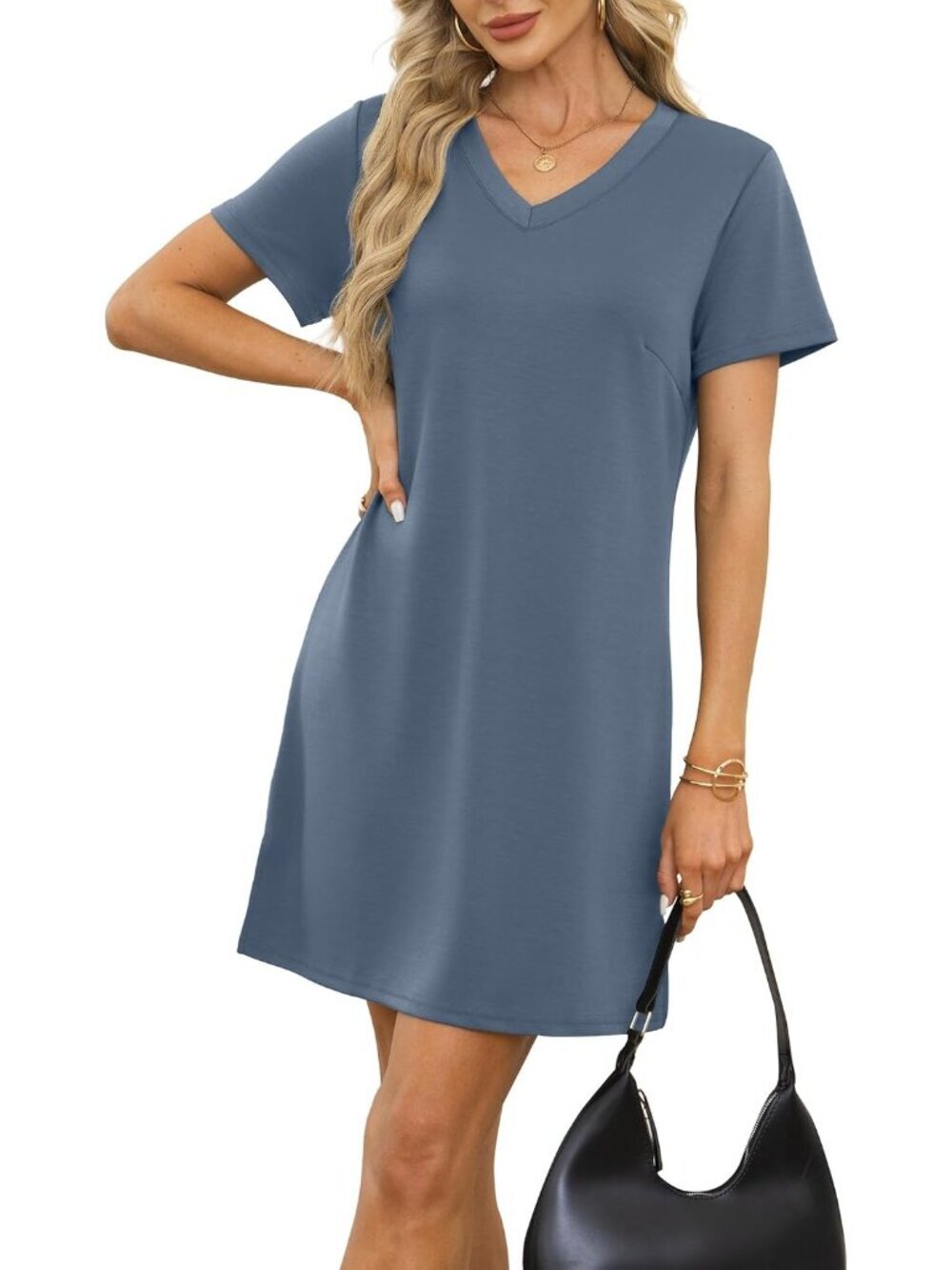 〽️Women's Dusty Blue V Neck Casual Summer Sundress Imported Pull On T Shirt